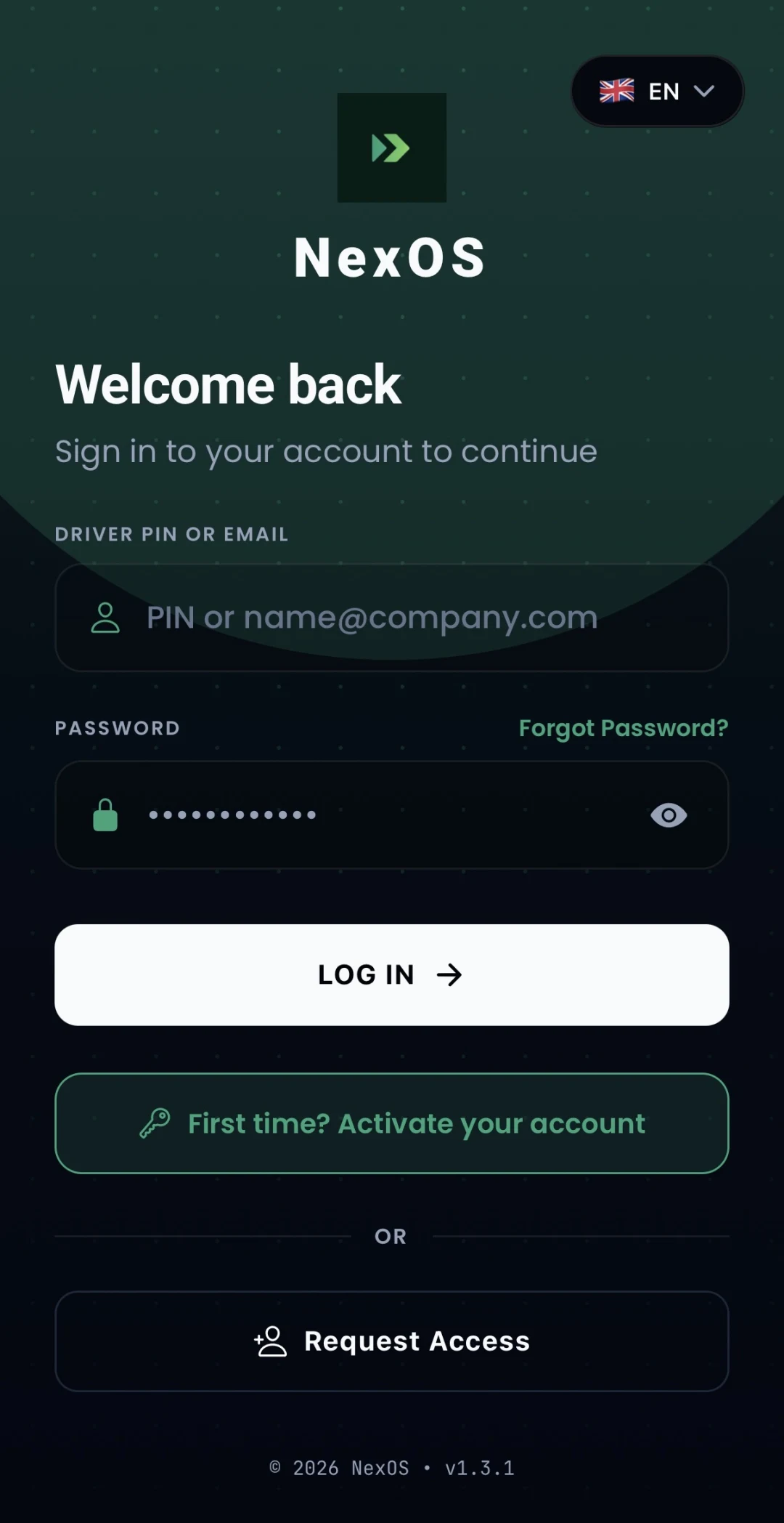 NexOS Driver App: sign in with driver PIN or email